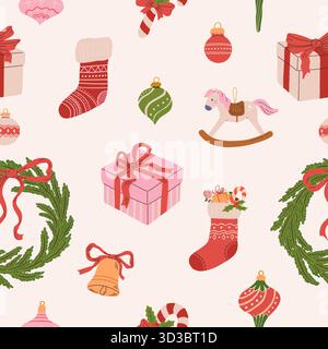 Joli motif sans couture de Noël avec bas, couronnes, cadeaux, jouets vintage et décorations. Fond festif de Noël. Illustration vectorielle Illustration de Vecteur