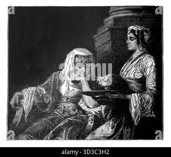 Illustration de la reine Hérodias recevant la tête de Jean le Baptiste sur un plateau après son exécution (Matthieu) de l'édition 1890 du Beautif Banque D'Images