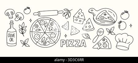 Pizza doodle set illustration de nourriture dessinée à la main avec fromage, tomate, champignons, huile d'olive et ingrédients italiens Illustration de Vecteur