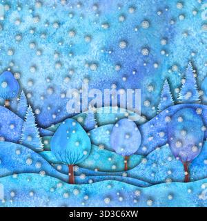 Bonne année et joyeux noël motif sans couture. Aquarelle à la main collines dessinées, arbres, flocons de neige sur fond bleu sarcelle pour bannière, affiche. Papier Banque D'Images