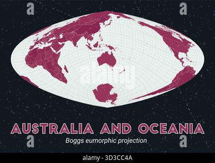 Carte du monde de projection eumorphique Boggs centrée sur l'Australie et l'Océanie, avec une palette de couleurs rose foncé menthe pâle et une texture vintage. Illustration de Vecteur