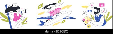 Concept SMM People. Réseau de médias sociaux marketing, créateur de contenu numérique pr gestionnaire influenceur blogueur téléphone suivre promouvoir la stratégie en ligne influer Illustration de Vecteur