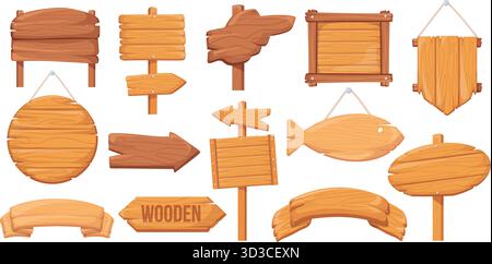 Enseignes en bois de dessin animé. Ensemble de panneaux en bois, jeu ui planche panneau de signalisation ferme panneau d'affichage ancien Ouest sauvage poteau de panneaux de signalisation Ouest panneau de signalisation de flèche banne Illustration de Vecteur