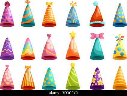 Casquettes d'anniversaire de dessins animés. Ensemble chapeau de fête, cône de célébration de vacances d'enfant chapeaux en papier festif carnaval casquette drôle noël décoration accessoires de tête de clown Illustration de Vecteur