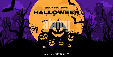 Halloween arrière-plan effrayant citrouilles monstre dans la forêt d'arbres morts avec la grande pleine lune comme arrière-plan avec l'espace de copie. Conception d'illustration d'Halloween. Illustration de Vecteur