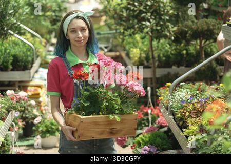 Fleuriste arrangeant des pots de fleurs dans le magasin de jardin Banque D'Images