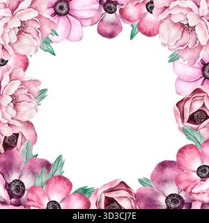 Cadre floral aquarelle avec pivoines roses et anémones disposées dans une bordure carrée. Illustration peinte à la main élégante parfaite pour les invitations de mariage, Banque D'Images