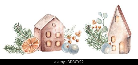 Ensemble de compositions d'aquarelle de Noël. Maisons en céramique avec branches de sapin, orange et eucalyptus. Décoration de maison confortable dans un style rustique. Dessiné à la main Banque D'Images