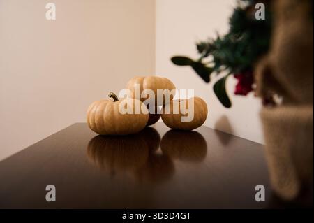 Un trio de citrouilles pâles repose sur une table en bois sombre, leurs reflets chatoyant doucement. Une plante floue fait allusion à une scène intérieure confortable et saisonnière Banque D'Images