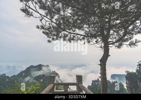 Barrière en pierre dans la pittoresque place lookout plate-forme d'observation dans les monts Tianzi dans le parc national de Zhangjiajie, célèbre attraction touristique, Wullingyuan Banque D'Images
