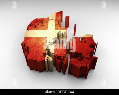 Texture 3d Danemark carte avec un drapeau danois sur un fond blanc Banque D'Images