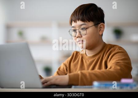 Adolescent intelligent étudiant à la maison avec un ordinateur portable et faisant des devoirs pour les devoirs scolaires Banque D'Images