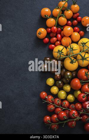 Sélection multicolore de tomates, fond de bordure d'ardoise foncé Banque D'Images