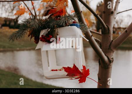 Mangeoire à oiseaux DIY fabriquée à partir de bouteille en plastique recyclée décorée de feuilles d'automne et de branches de pin accrochées à un arbre près du lac. Concept écologique, crea Banque D'Images