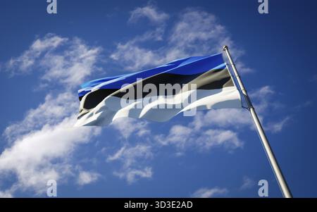 Beau drapeau national de l'Estonie flottant sur fond de ciel. Gros plan à angle réduit Estonie drapeau illustration 3D. Banque D'Images