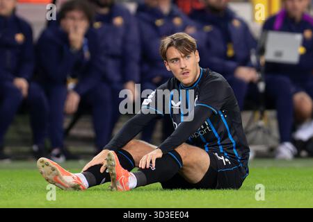 Bruges, Belgique. 05 novembre 2025. BRUGES, BELGIQUE - 5 NOVEMBRE : Lynnt Audoor du Club Brugge s'est blessée lors du match MD4 de la phase 2025/26 de la Ligue des champions de l'UEFA entre le Club Brugge KV et le FC Barcelone au Jan Breydelstadion le 5 novembre 2025 à Bruges, Belgique. (Photo de Joris Verwijst/Orange Pictures) crédit : Orange pics BV/Alamy Live News Banque D'Images