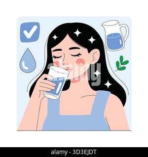 Hydratation et bien-être jeune femme Drinking Water Cartoon illustration Illustration de Vecteur