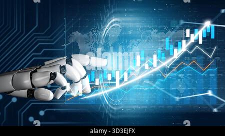 Une main robotisée pointe vers des tableaux et des graphiques numériques, mettant en évidence les tendances en matière de visualisation de données et de technologie. Cette image high-tech représente la croissance et Banque D'Images