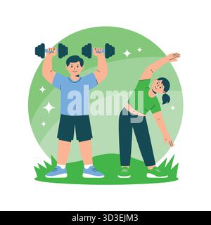 Homme soulevant des haltères et femme étirant à l'extérieur l'exercice et un mode de vie sain Illustration de Vecteur