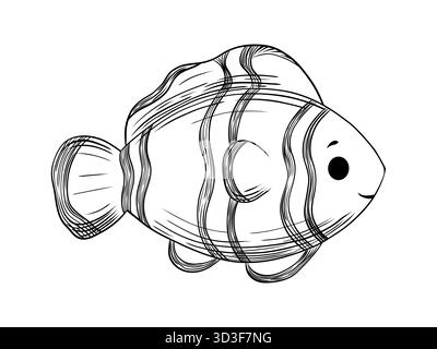 Illustration dessinée à la main d'un poisson-clown dans un style de gravure détaillé. L'art au trait noir et blanc est parfait pour les livres de coloriage, l'éducation des enfants, l'océan- Illustration de Vecteur