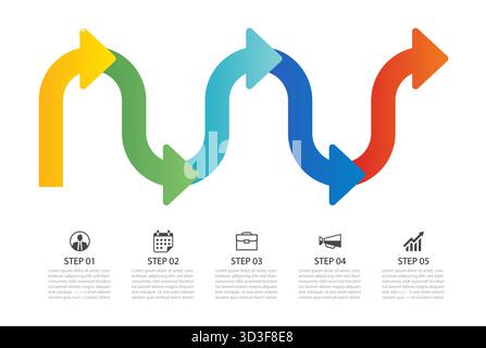 Infographie de l'étape de la chronologie de la flèche colorée processus métier 5. Illustration de Vecteur