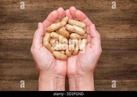 Paumes féminines ouvertes avec des cacahuètes fraîches sur fond en bois Banque D'Images