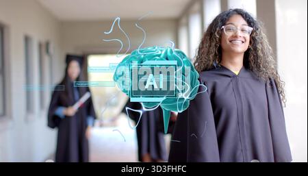 Femme diplômée souriante debout dans le couloir du campus, avec cerveau holographique IA, espace de copie Banque D'Images