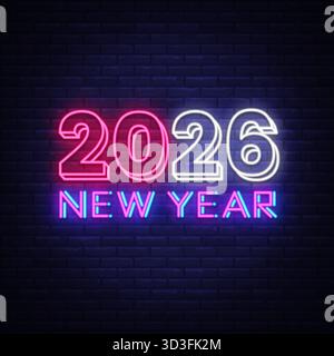 Signe de néon avec 2026 et texte du nouvel an brillant sur un fond de briques foncées. Une lumière futuriste éclatante crée une ambiance festive moderne. Illustration vectorielle Illustration de Vecteur