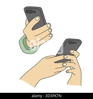 Gros plan mains tenant le vecteur d'illustration de téléphone portable main dessinée avec des lignes noires Illustration de Vecteur