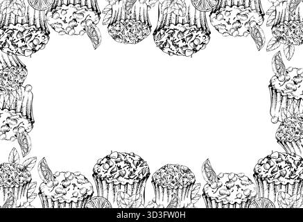 Muffins aux pépites de chocolat, cupcakes aux branches de menthe, saupoudrées de sucre, tranches d'orange et dragées de bonbons. Dessiné à la main à l'encre vectorielle. Dessert isolé Illustration de Vecteur