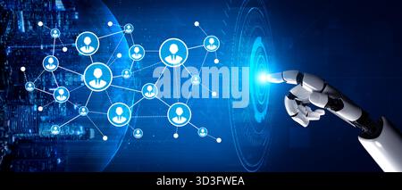 Cette image présente une main robotique futuriste interagissant avec les réseaux humains numériques, symbolisant l'intersection de la technologie, de la communication et Banque D'Images