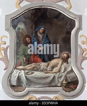 BAD REICHENHALL, ALLEMAGNE - 8 SEPTEMBRE 2025 : la peinture Lamentation sur le Christ mort (une partie de croix) dans l'église de Johannes Spitalkirche Banque D'Images