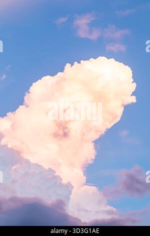 Des nuages doux et moelleux sont illuminés dans de douces teintes pastel, contrastant magnifiquement avec le ciel bleu clair et éclatant, évoquant un sentiment de tranquillité Banque D'Images