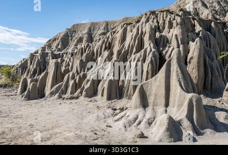 Formations rocheuses érodées uniques dans la Vallée des fantômes, désert de Tatacoa, Colombie, présentant de superbes merveilles géologiques sous un ciel bleu clair. A Banque D'Images