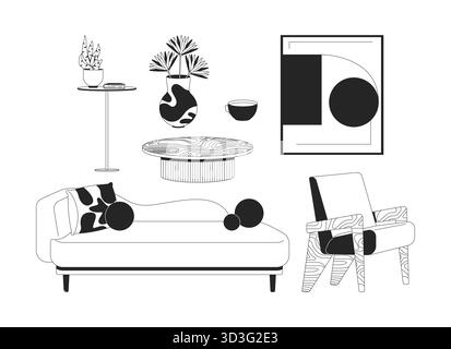 Salon confortable avec mobilier éclectique moderne 2D ligne objets ensemble Illustration de Vecteur