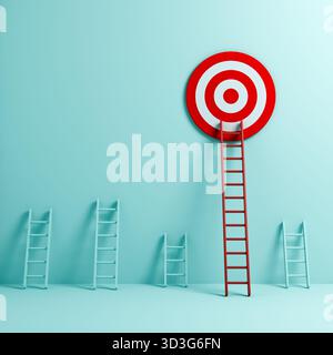 Objectifs d'affaires et concepts de leadership longue échelle rouge à objectif cible sur fond de couleur pastel bleu clair vert avec ombres 3D rendu Banque D'Images