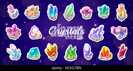 Pierres magiques de bande dessinée, pierres précieuses en cristal et autocollants de minéraux fantastiques, pack vectoriel. Autocollants de cristaux brillants et pierres précieuses ou bijoux précieux de rubis de dessin animé et émeraude ou saphir avec diamant de quartz Illustration de Vecteur
