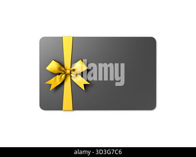 Carte-cadeau noir vierge ou chèque-cadeau avec noeud de ruban d'or isolé sur fond blanc avec rendu 3D de concept minimal d'ombre Banque D'Images