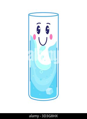 Personnage de boisson d'eau douce de dessin animé avec une expression joyeuse. Verre haut vecteur isolé avec visage souriant et cube de glace flottant. Boisson rafraîchissante dans un récipient transparent avec un liquide pétillant bleu Illustration de Vecteur