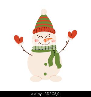 Joyeux personnage de bonhomme de neige avec chapeau, écharpe et moufles dans un style de dessin animé plat. Idéal pour les voeux de Noël, décoration festive, conception d'enfants, affiche, Illustration de Vecteur