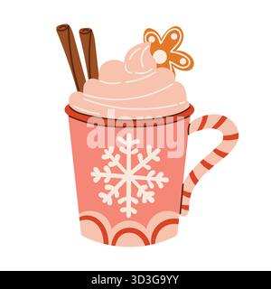 Tasse de Noël rose avec cacao chaud, crème fouettée, bâtonnets de cannelle et biscuit au pain d'épices dans un style de dessin animé plat. Boisson d'hiver confortable illustration perfec Illustration de Vecteur