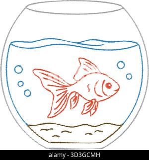 Un bol à poissons classique contient un poisson rouge nageant avec des cailloux au fond et une ligne d'eau ondulée Illustration de Vecteur