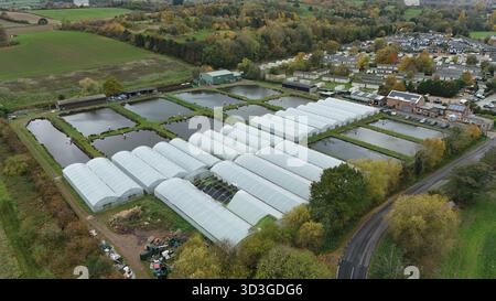 Vue aérienne d'une grille d'étangs réfléchissants reflétant le ciel, entrecoupée de rangées de serres, nichées à côté de champs et d'un quartier résidentiel, Nott Banque D'Images