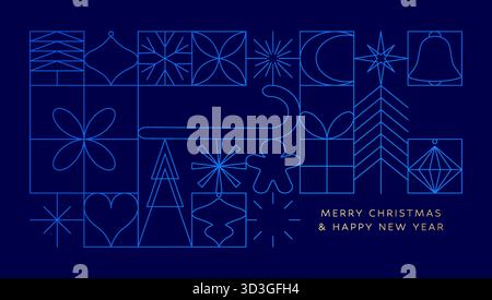 Conception de carte de voeux de vacances avec des décorations de ligne géométrique sur fond bleu, fond de Noël avec motif d'icônes minimalistes Illustration de Vecteur