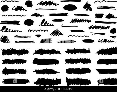 Mega Pack de textures et de lignes dessinées à la main : traits de crayon crayon, lignes de croquis à la craie, soulignements granuleux au fusain et traceurs de marqueur de peinture noire pour Illustration de Vecteur