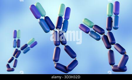 Un rendu 3d de l'immunoglobuline E ou IgE existe sous la forme d'une molécule unique en forme de Y. Le rôle est de médier les réactions allergiques. Banque D'Images