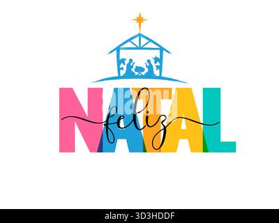 Feliz Natal, lettrage créatif avec la star de Bethléem. Traduction du portugais - Joyeux Noël. Clipart créatif avec Sainte famille en silhouette Illustration de Vecteur