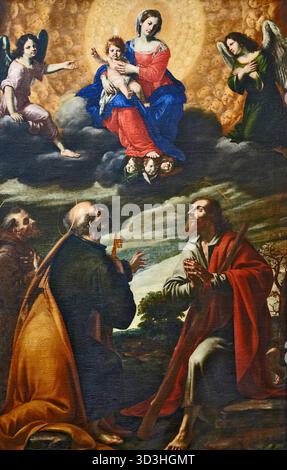 Madonna col Bambino con S. Francesco, S. Pietro e S. Giacomo - affresco - Giovanni Francesco Guerrieri - 1630 - Fano (pu), Pinacoteca di S.Domeni Banque D'Images