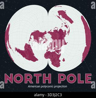 Pôle Nord. Carte du monde. Projection polyconique américaine centrée sur le pôle Nord. Palette Pink foncé menthe pâle. Texture vintage. Illustration de Vecteur