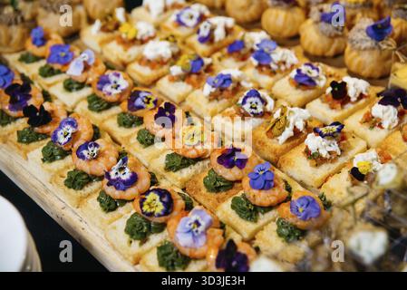 Nourriture, canapés élégants en bouchée garni de crevettes, pesto, mélange bruschetta et fleurs comestibles, servis sur du pain grillé pour les événements de restauration Banque D'Images
